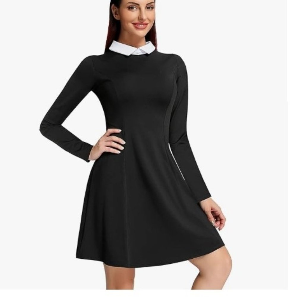 Women's Long Sleeve Casual Peter Pan Collar Fit and Flare Skater Dress